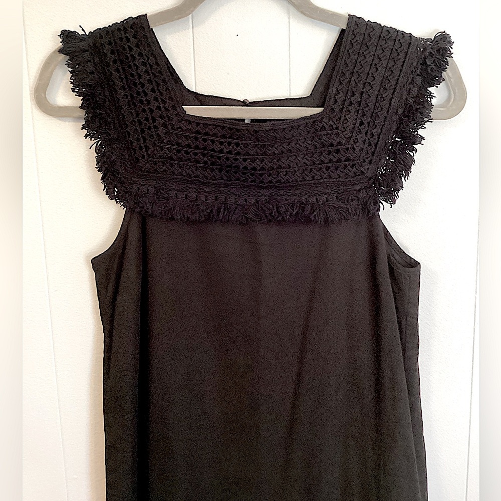 Madewell Sundream Fringe Dress Crochet Collar Shift Dress Black 100% Cotton - Picture 7 of 11